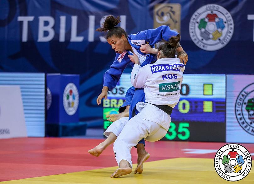 Nora Gjakova of Kosovo celebrates her fifth Grand Prix gold medal