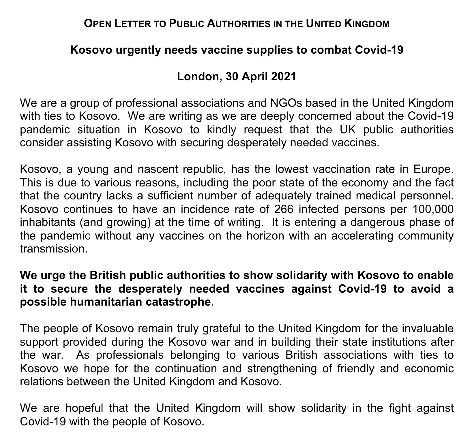 An Open Letter calling in securing the desperately needed vaccines against Covid-19 in Kosova